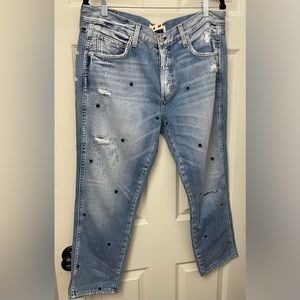 Anthropologie AMO Boyfriend cropped Jeans with navy, embroidery, eyelet detail.